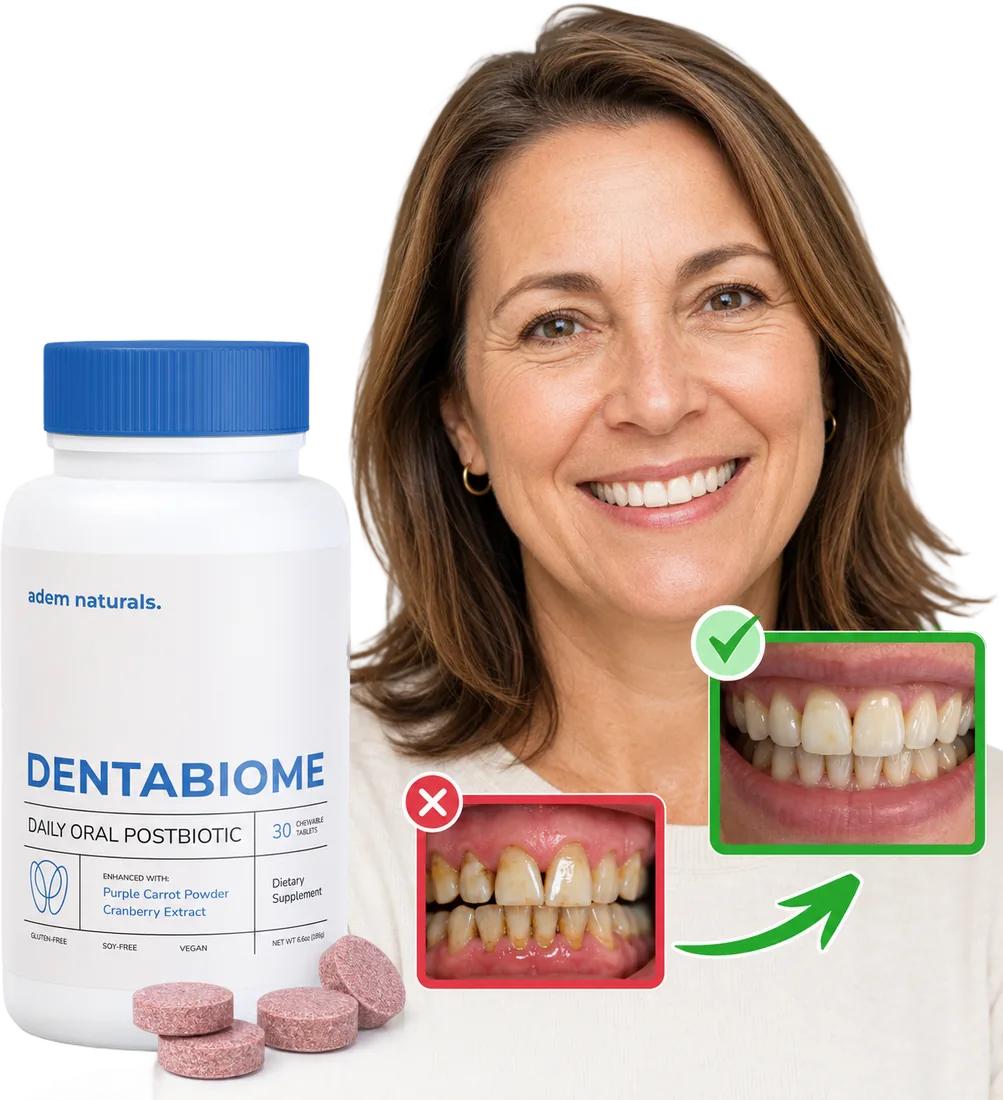 Woman holding DentaBiome bottle with before and after teeth comparison